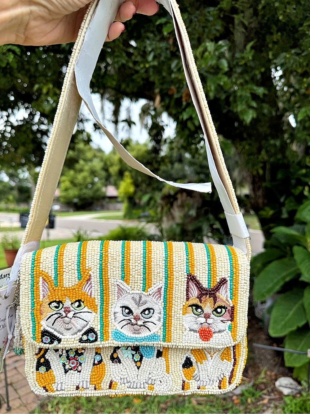 Hand Beaded Cat Shoulder Bag Cream & Orange NWT